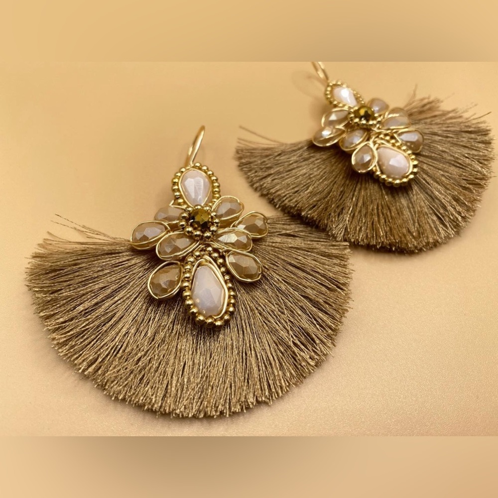 Gold, white, tan, beige, brown handmade fan earrings